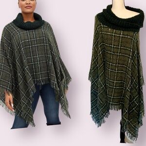 Torrid Plaid Fuzzy Knit Poncho Cowl Neck Olive Green Plaid One Size Plus Size